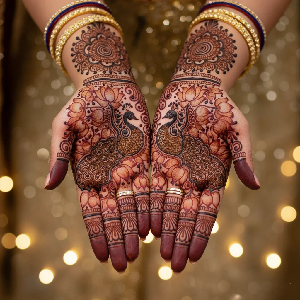 60+ Royal Front Hand Mehndi Designs | Instagram Finger, & More 12 Lotus Royal Peacock Mehndi Design