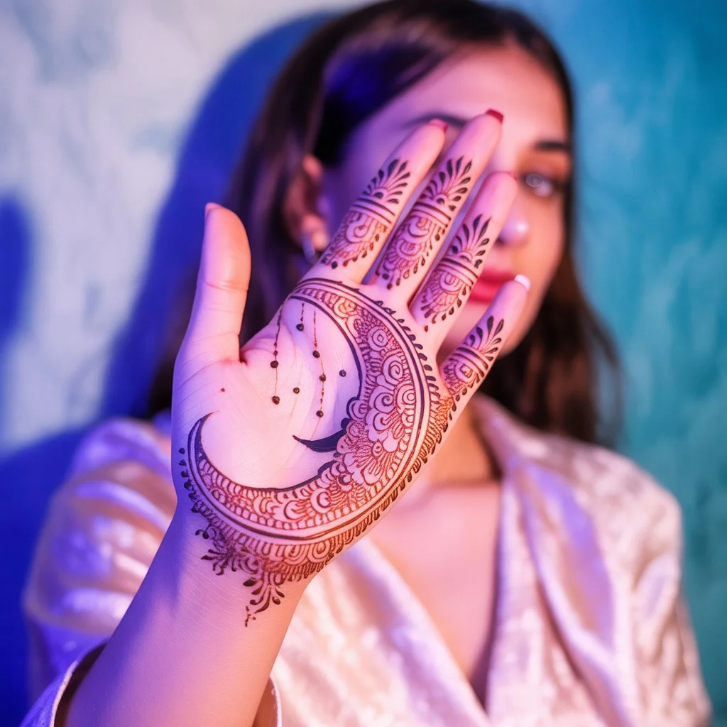 Simple Moon Mehndi Design Front Hand