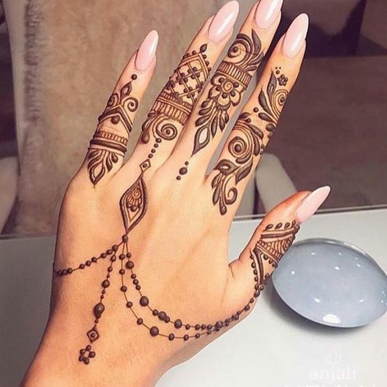 Unique Jeweled Finger-Tip Mehandi Design