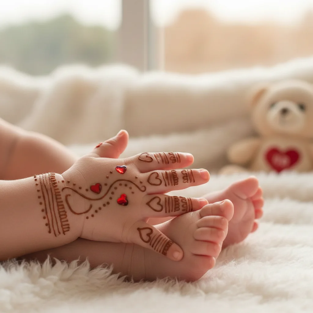 Top 80+ Simple Mehndi Designs for Kids, Babies, & Toddlers (2026) 57 Baby Mehndi With Hearts