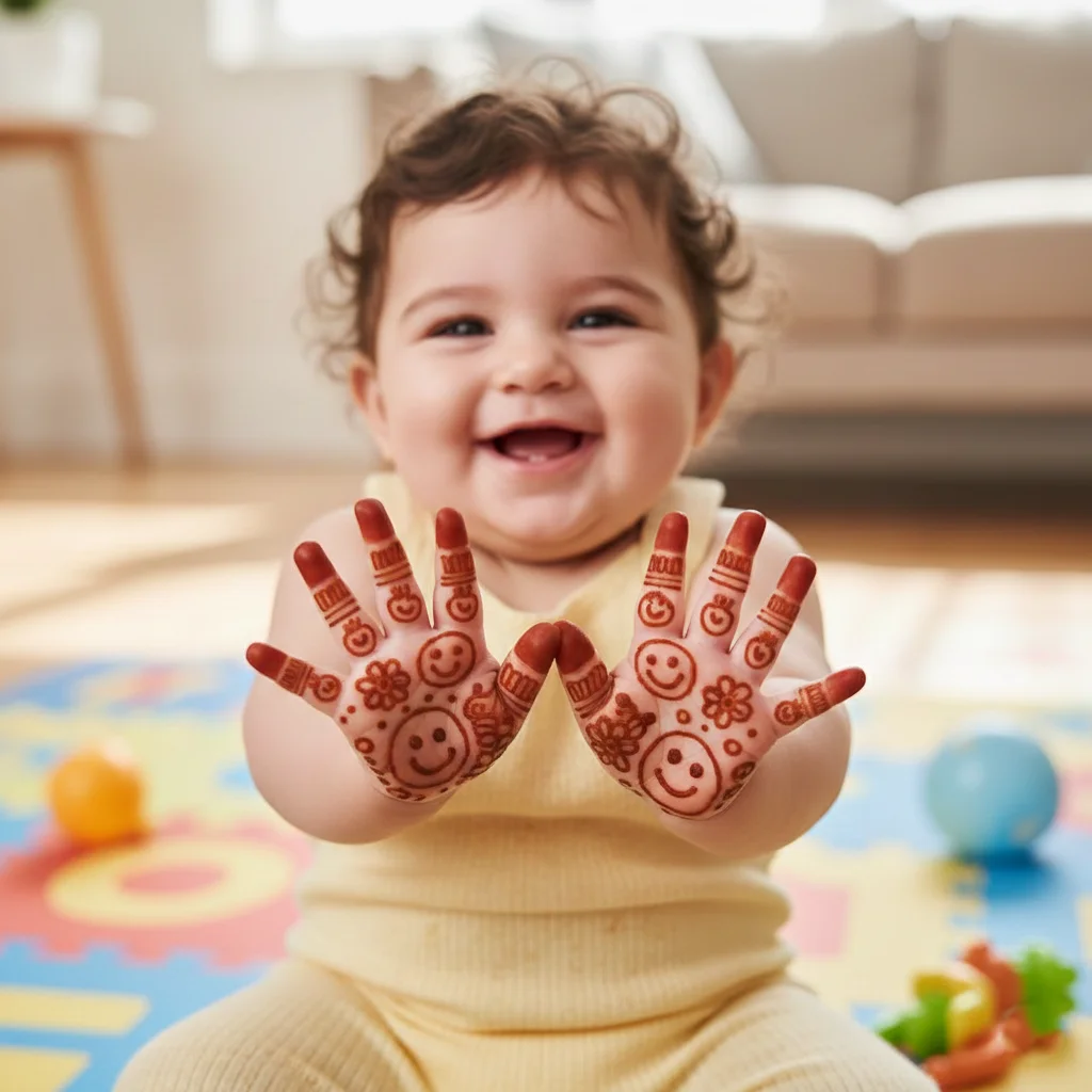 Top 80+ Simple Mehndi Designs for Kids, Babies, & Toddlers (2026) 14 Cute Baby Mehndi With Smiley Faces
