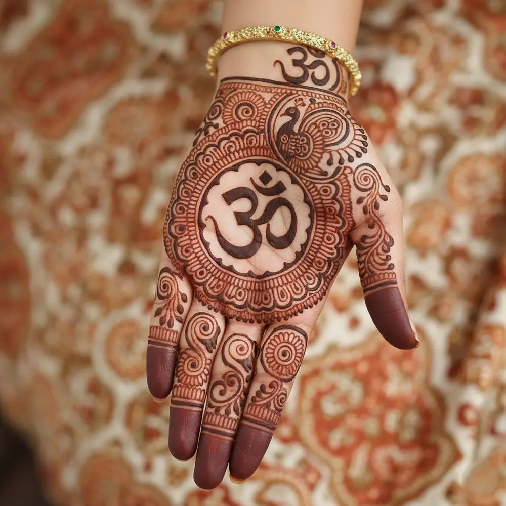 Spiritual mehndi design featuring Om symbol and Lakshmi footprints diwali