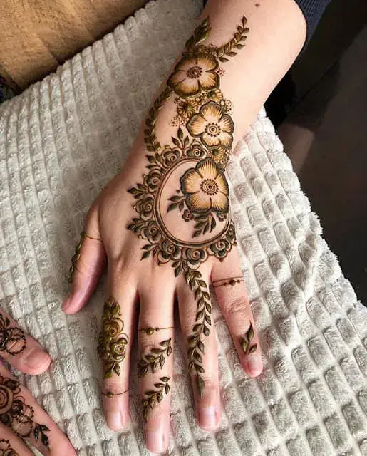 60+ Modern Mehndi Designs for Karwa Chauth (2026) 46 Daisy Back Hand Mehndi Design for Karwa Chauth