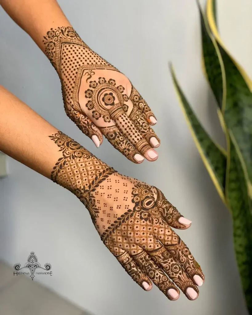 60+ Modern Mehndi Designs for Karwa Chauth (2026) 52 Dot Met Leafy Stroke Mehndi Design for Karwa Chauth