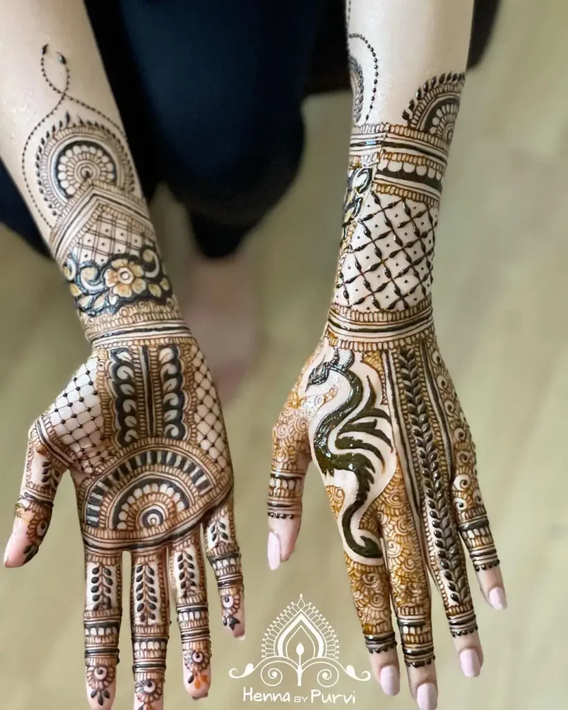60+ Modern Mehndi Designs for Karwa Chauth (2026) 59 Dragon inspired Full Back Hand Mehendi for Karwa Chauth
