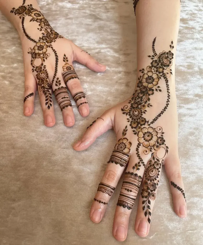 60+ Modern Mehndi Designs for Karwa Chauth (2026) 47 Mehndi Design for Karwa Chauth With Floral Vines