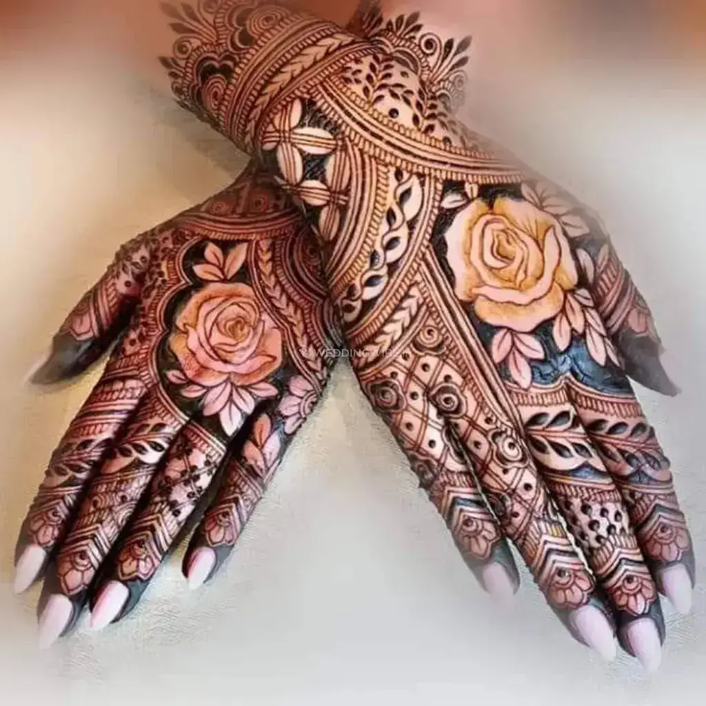 60+ Modern Mehndi Designs for Karwa Chauth (2026) 51 Rose Mehndi Design for Karwa Chauth