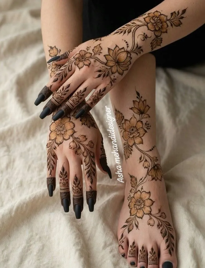 arabic lotus with floral trail mehndi design