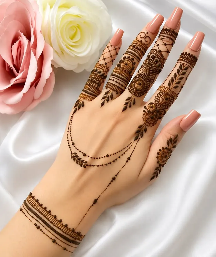 bel with chain details arabic mehndi designs
