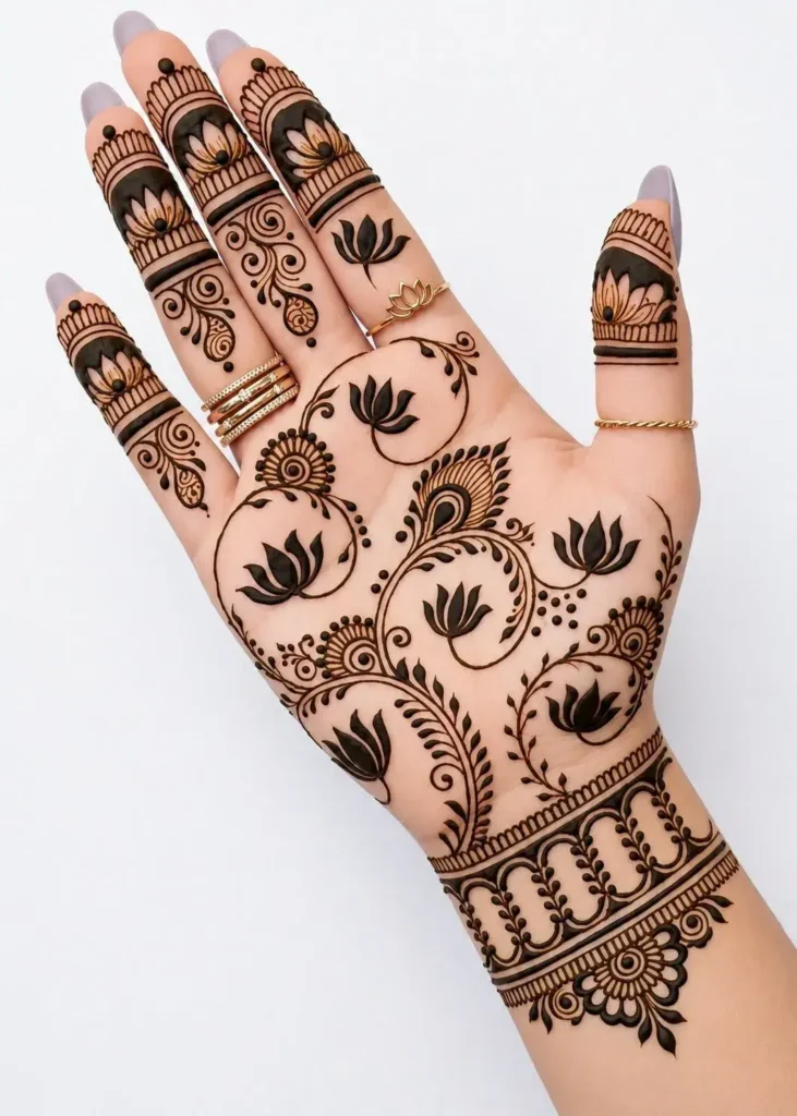 bold arabic lotus with diagonal flow mehndi designs