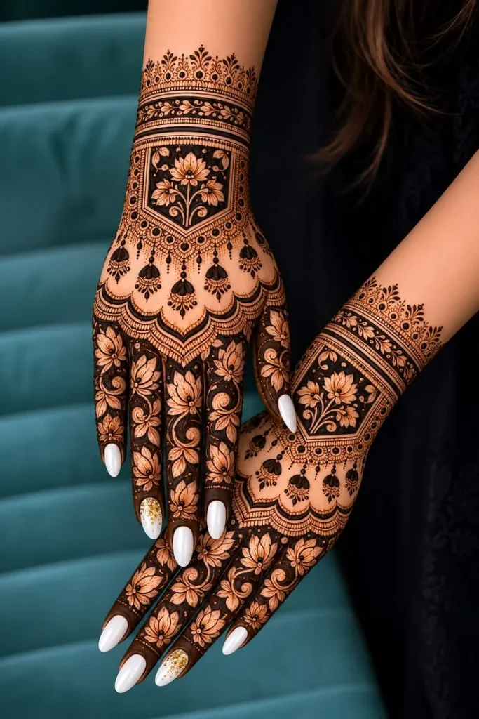 bridal back hand with jewellery chains arabic mehndi designs