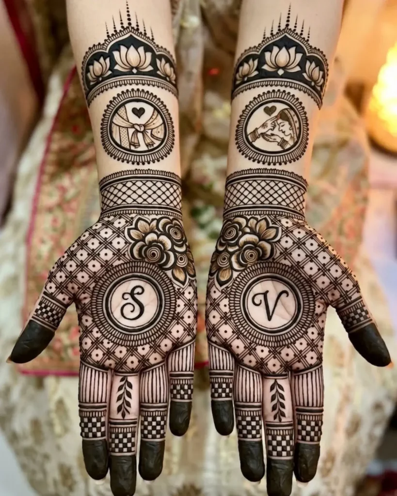 bridal lotus with hidden grooms name mehndi designs