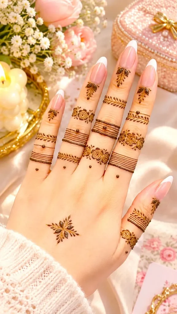 Finger Mehndi Design: 40+ Ideas for When the Event Is Tomorrow 6 dots and a single line on the fingertips mehndi designs