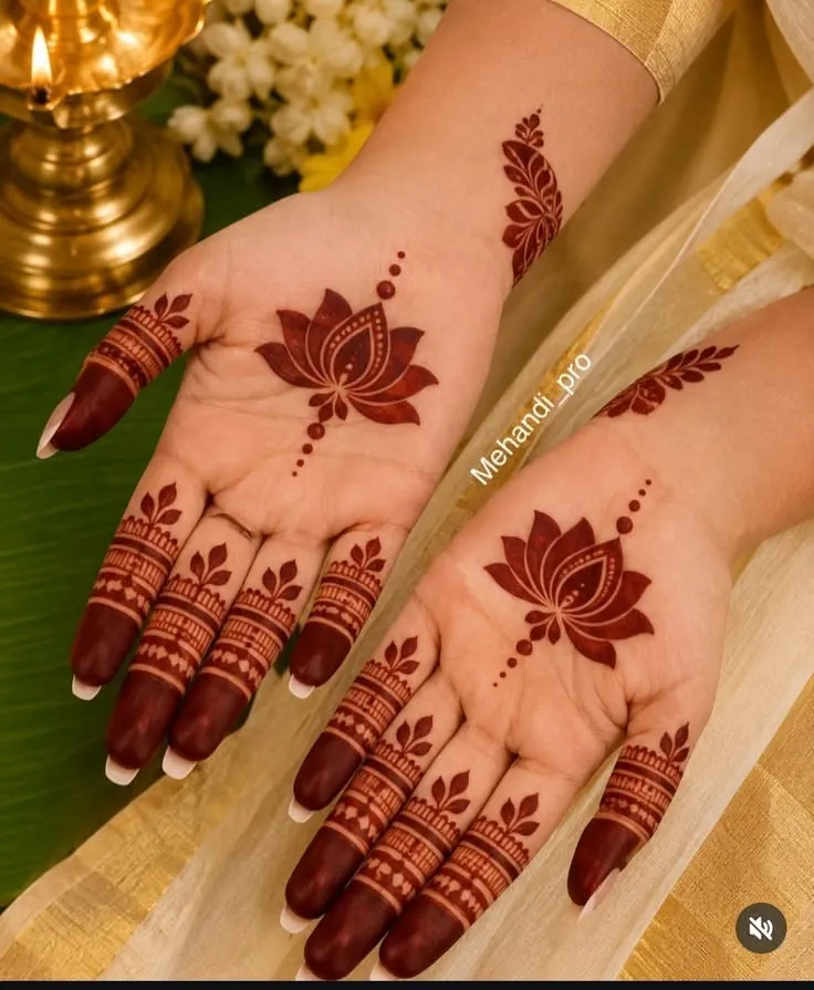 Finger Mehndi Design: 40+ Ideas for When the Event Is Tomorrow 24 fingertip caps with a bare lotus window mehndi design