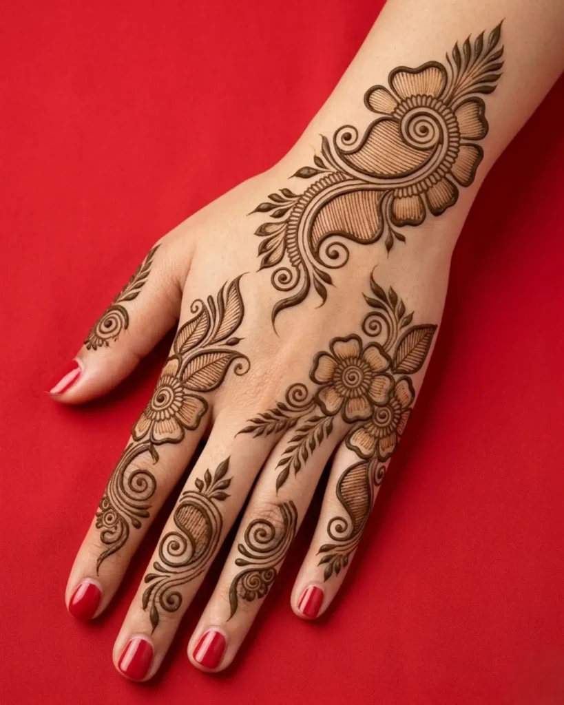 60+ Stylish Back Hand Mehndi Designs You Must Try in 2026! 33 floral vine back hand mehndi design