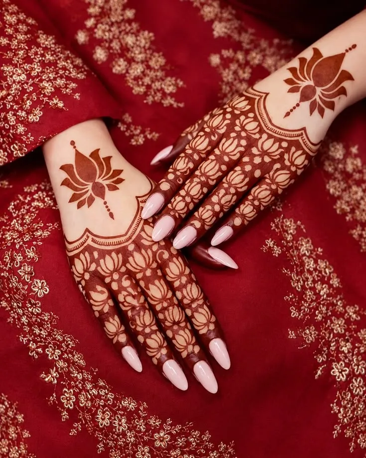 full coverage back hand lotus flower mehndi designs
