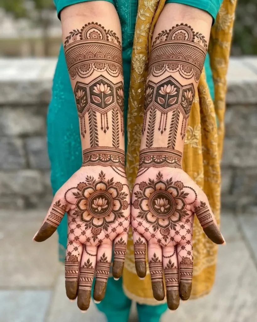 full hand bridal lotus with mandala mehndi designs