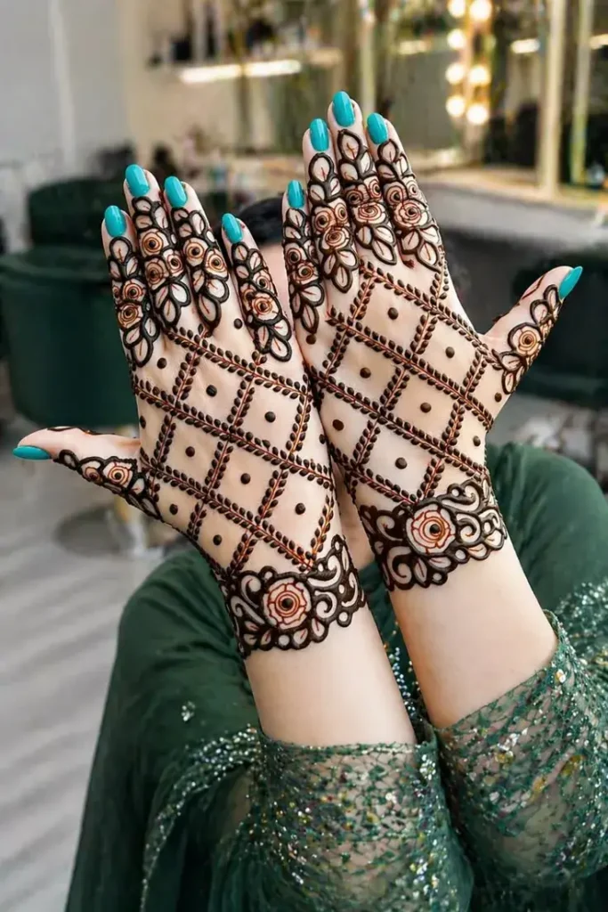 Finger Mehndi Design: 40+ Ideas for When the Event Is Tomorrow 43 full jaali with a dot at each crossing finger mehndi design