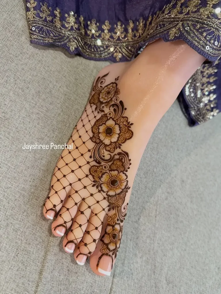 40+ Foot and Leg Mehndi Designs: Easy, Simple & Bridal Look for 2026 23 geometric and floral mix foot mehndi design