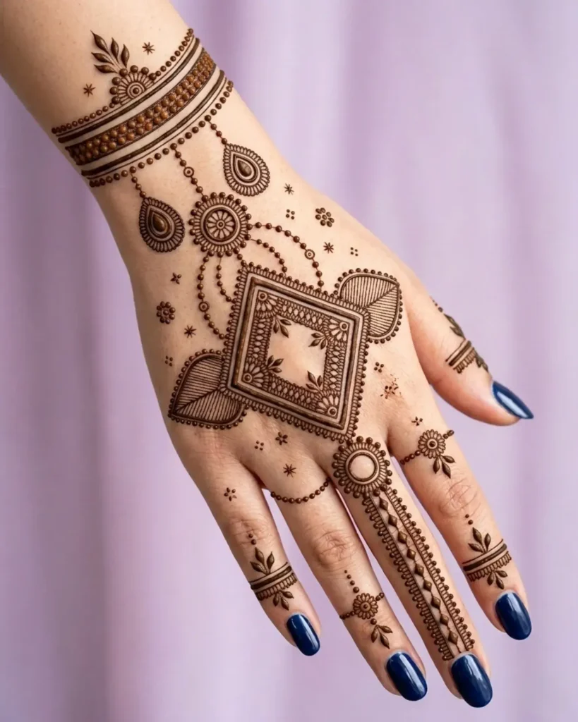 60+ Stylish Back Hand Mehndi Designs You Must Try in 2026! 26 geometric pattern back hand mehndi designs