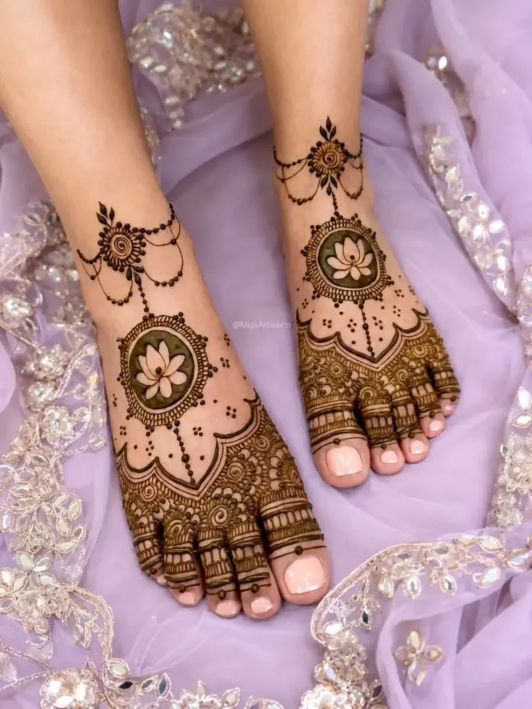 40+ Foot and Leg Mehndi Designs: Easy, Simple & Bridal Look for 2026 49 gol tikki with floral halo mehndi designs for legs and foot