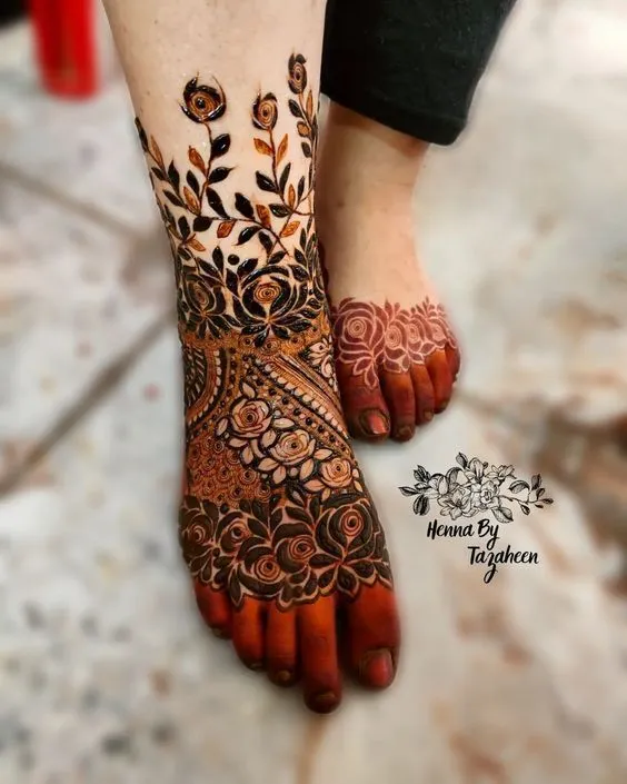 40+ Foot and Leg Mehndi Designs: Easy, Simple & Bridal Look for 2026 57 half leg with floral band mehendi designs