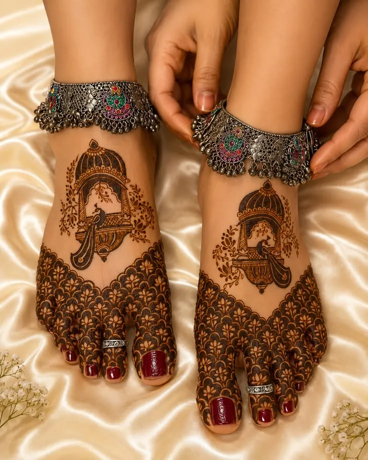 40+ Foot and Leg Mehndi Designs: Easy, Simple & Bridal Look for 2026 42 hanging ghungroo drops foot mehndi design