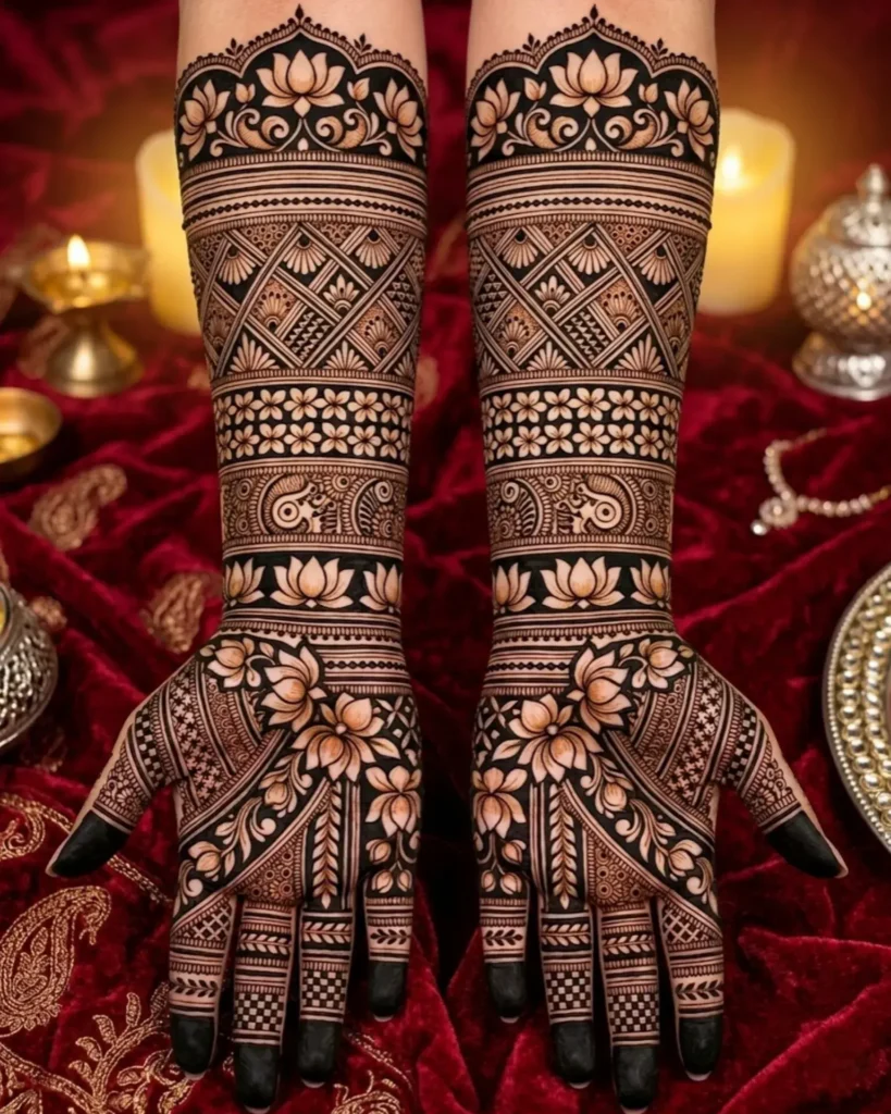 heavy bridal lotus with cityscape panel mehndi designs