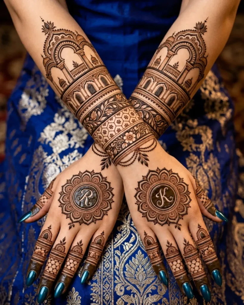 60+ Stylish Back Hand Mehndi Designs You Must Try in 2026! 46 initials and date back hand mehndi designs