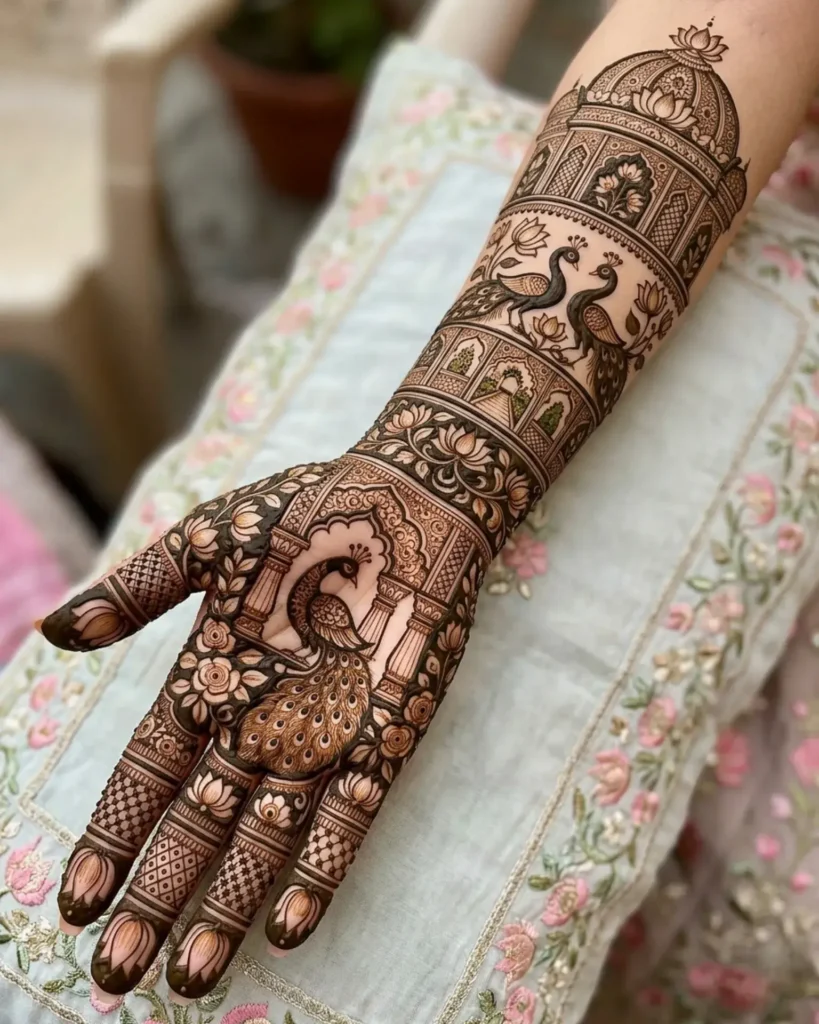 lotus and peacock combination mehndi designs