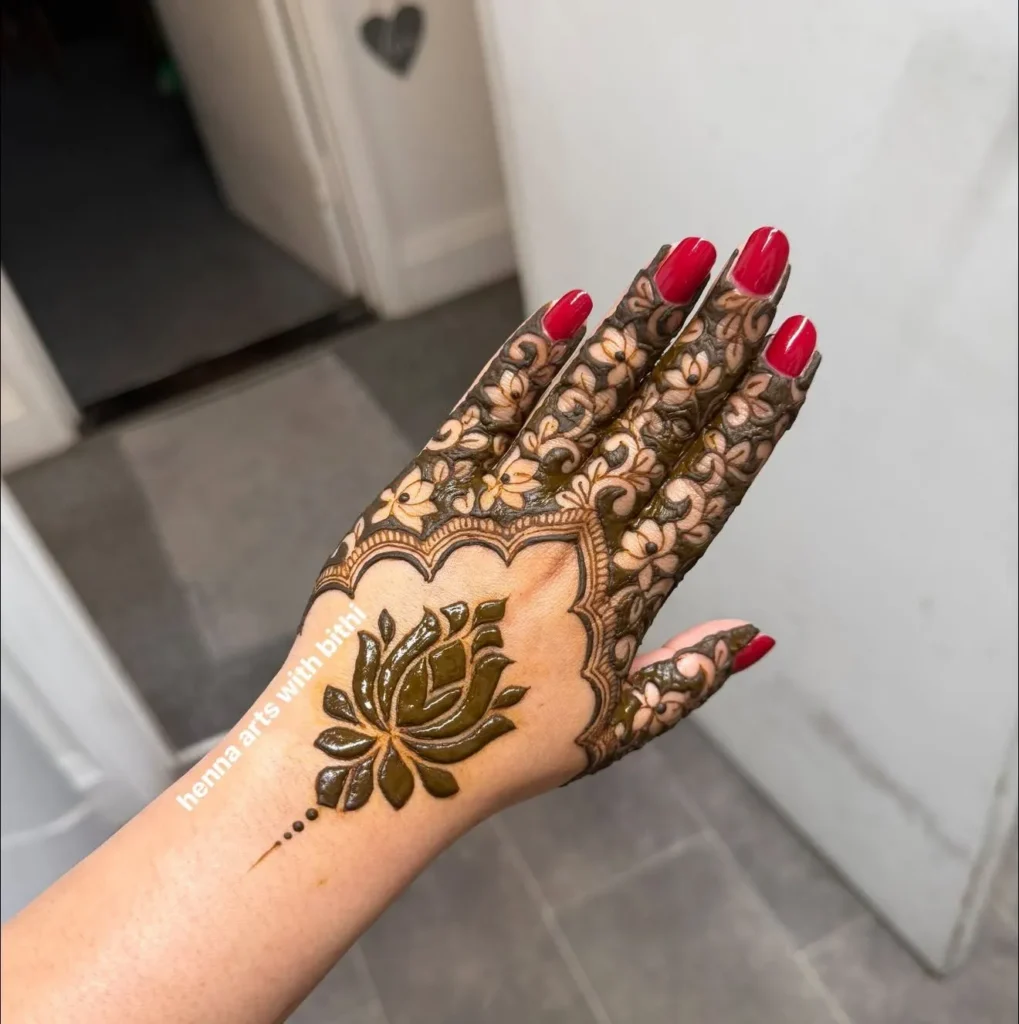 60+ Stylish Back Hand Mehndi Designs You Must Try in 2026! 32 lotus back hand mehndi designs