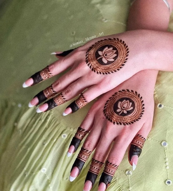 lotus flower with geometric ring frame mehndi designs