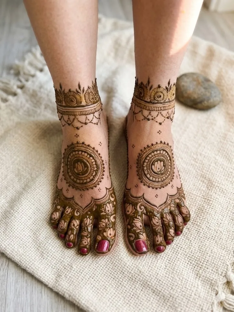 lotus toe-to-ankle trail mehndi designs