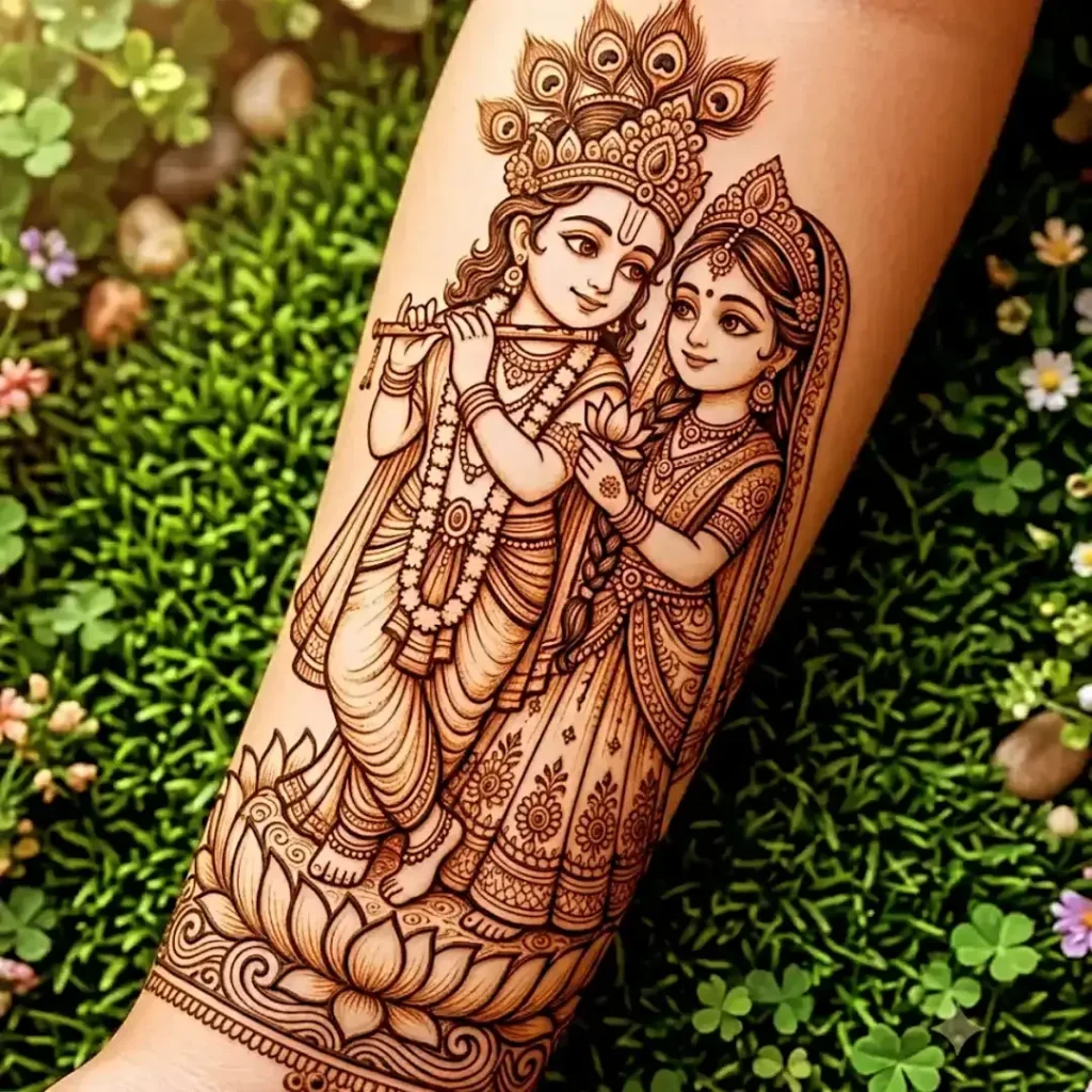 lotus with krishna-radha portrait panel mehndi designs
