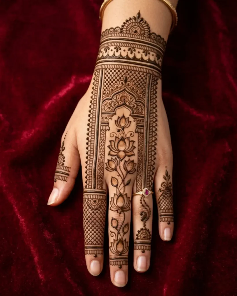 lotus with rajasthani palace-arch framing mehndi designs