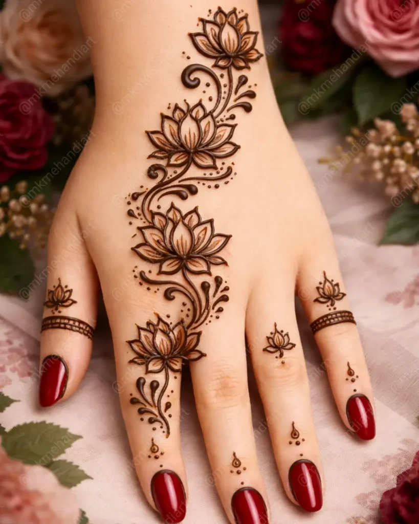 minimalist single-line back hand lotus flower mehndi designs