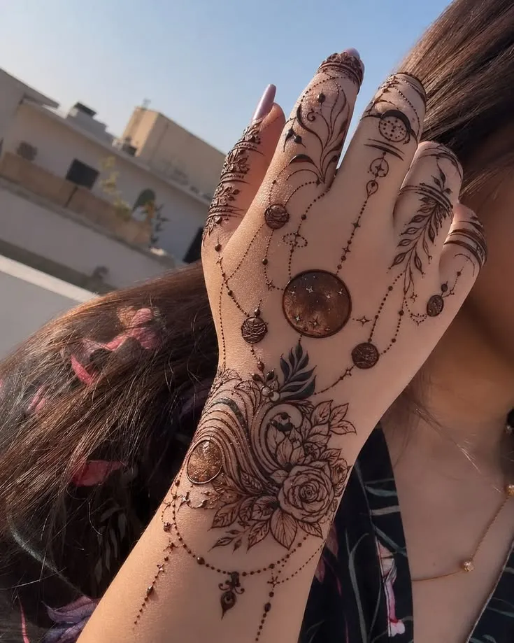 nikah with crescent and floral motifs arabic mehndi design