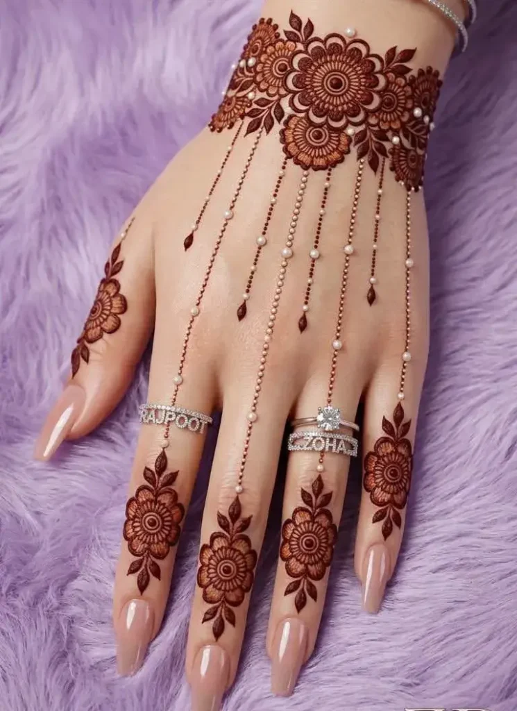 Finger Mehndi Design: 40+ Ideas for When the Event Is Tomorrow 35 pearl and teardrop chain finger mehndi design