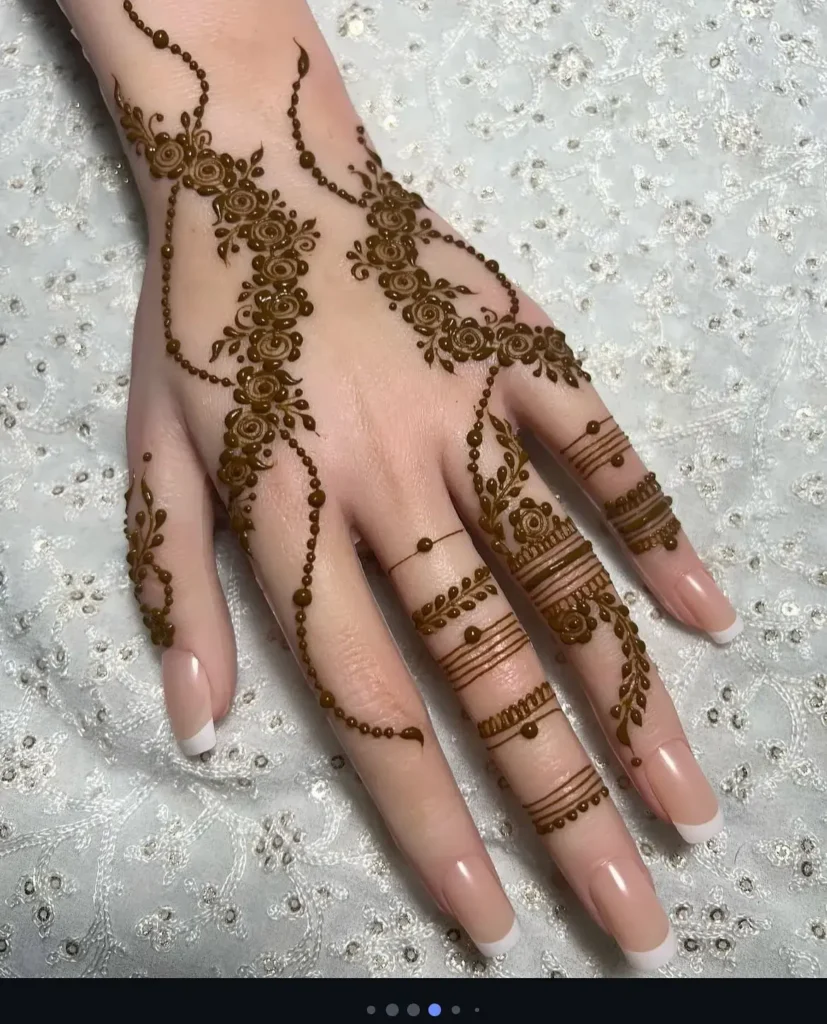 60+ Stylish Back Hand Mehndi Designs You Must Try in 2026! 21 ring-chain jewelry back hand mehndi designs