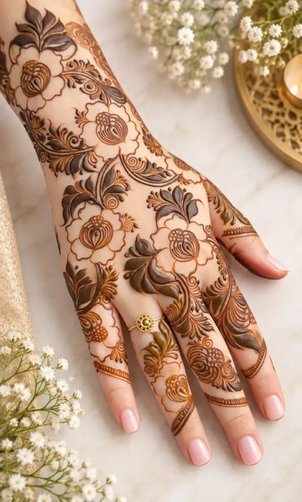 shaded 3d-look floral arabic mehndi designs