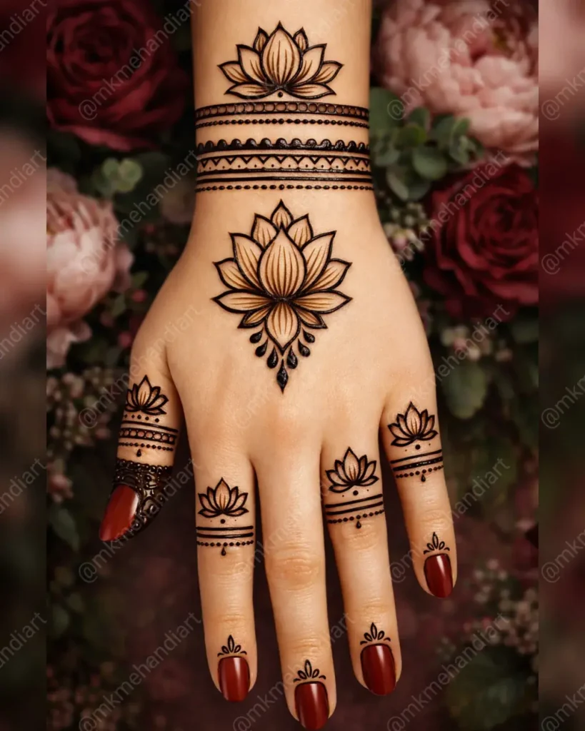 single centerpiece back hand lotus flower mehndi designs