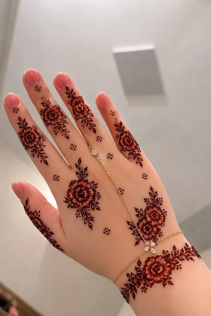 Finger Mehndi Design: 40+ Ideas for When the Event Is Tomorrow 18 single flower above the knuckle finger mehndi design