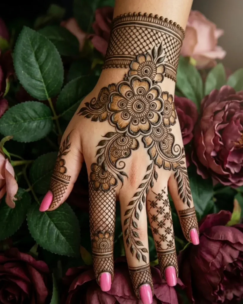 wrist cuff with small blooms arabic mehndi designs