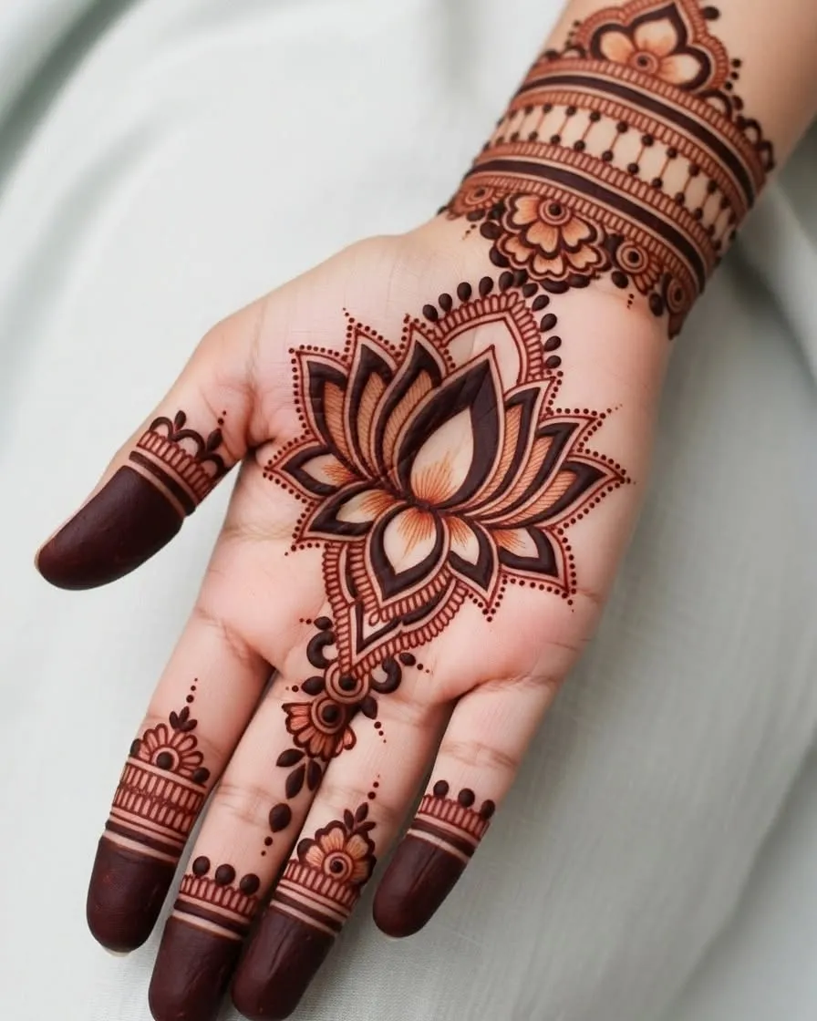 Home Page 15 Layered Lotus Petal Fill Royal Front Hand Simple Mehndi Design